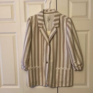 A New Day women’s 14 linen blend tan striped blazer scrunched sleeve collared